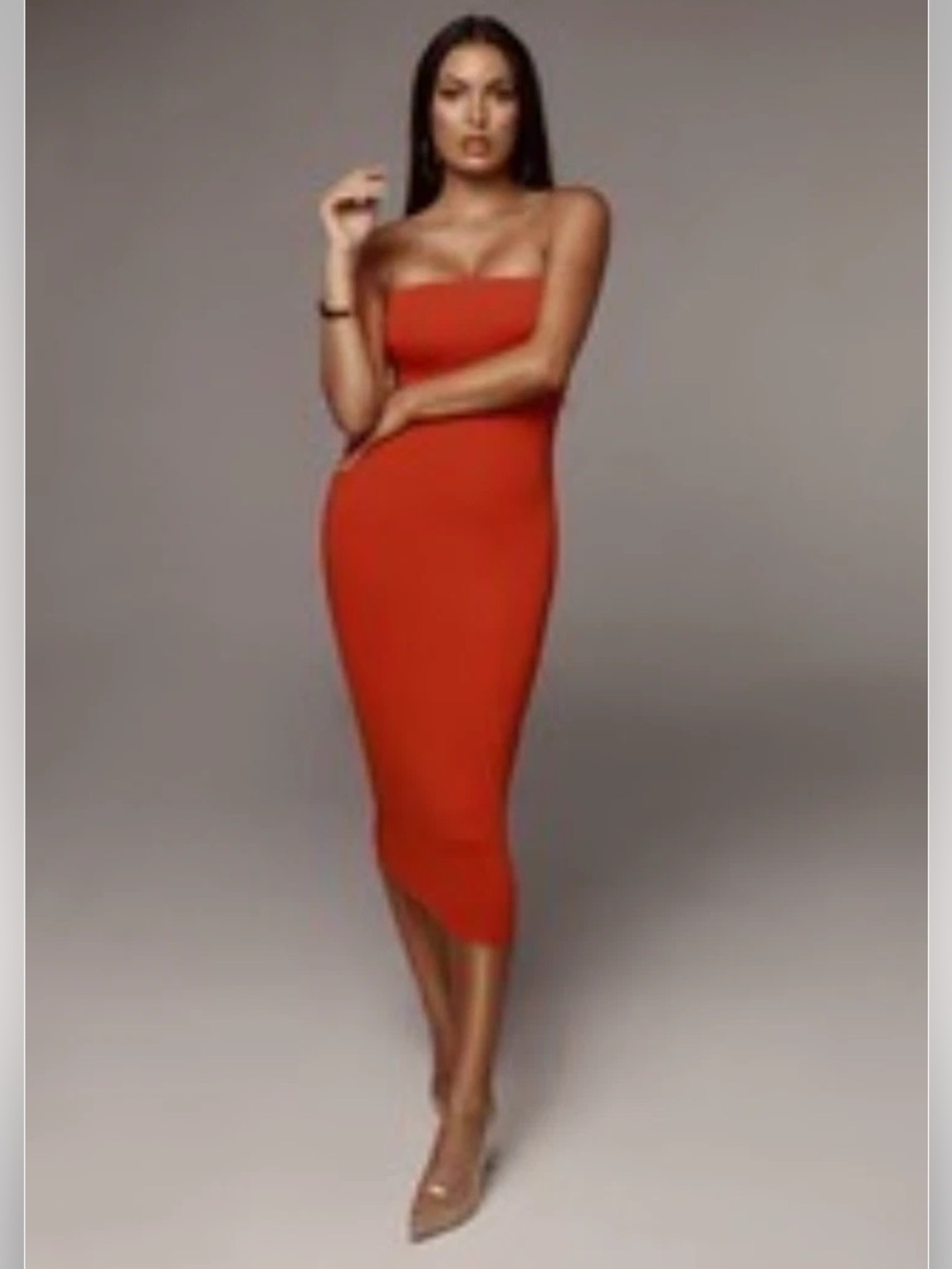 JLUXLABEL Strapless Bodycon Midi Dress in Red-Orange